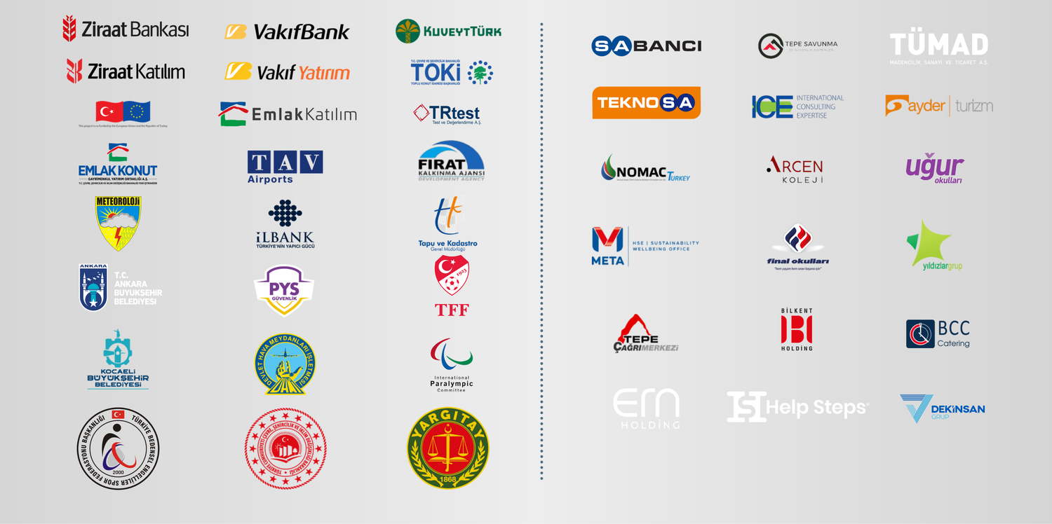 Düş'ün ile çalışan kurumların logoları: Ziraat Bankası, VakıfBank, Kuveyt Türk, TOKİ, Emlak Konut, TAV Airports, İLBANK, DHMİ, Tapu ve Kadastro Genel Müdürlüğü, TFF, Yargıtay, Sabancı, Teknosa, Tepe Savunma, Bilkent Holding, Uğur Okulları, Final Okulları ve diğerleri.